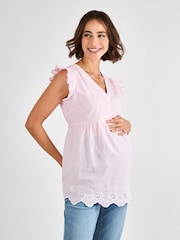 JoJo Maman Bébé Pink Maternity Stripe Broderie 100% Cotton Blouse - Image 1 of 4