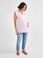 JoJo Maman Bébé Pink Maternity Stripe Broderie 100% Cotton Blouse - Image 3 of 4
