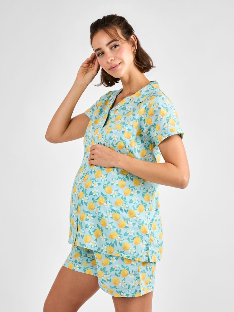 JoJo Maman Bébé Blue Lemon Print Maternity Short Pyjamas Set - Image 1 of 5