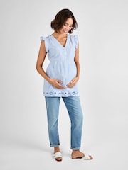 JoJo Maman Bébé Blue Maternity Embroidered Stripe 100% Cotton Blouse - Image 4 of 5