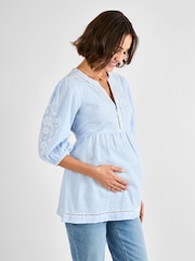 JoJo Maman Bébé Blue Maternity Stripe Embroidered 100% Cotton Blouse - Image 2 of 5