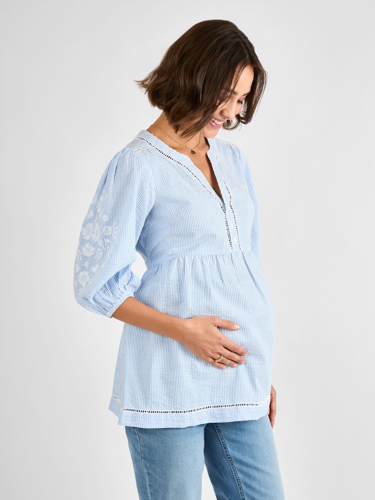 JoJo Maman Bébé Blue Maternity Stripe Embroidered 100% Cotton Blouse - Image 2 of 5
