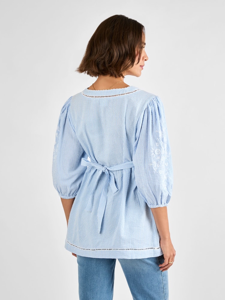 JoJo Maman Bébé Blue Maternity Stripe Embroidered 100% Cotton Blouse - Image 3 of 5