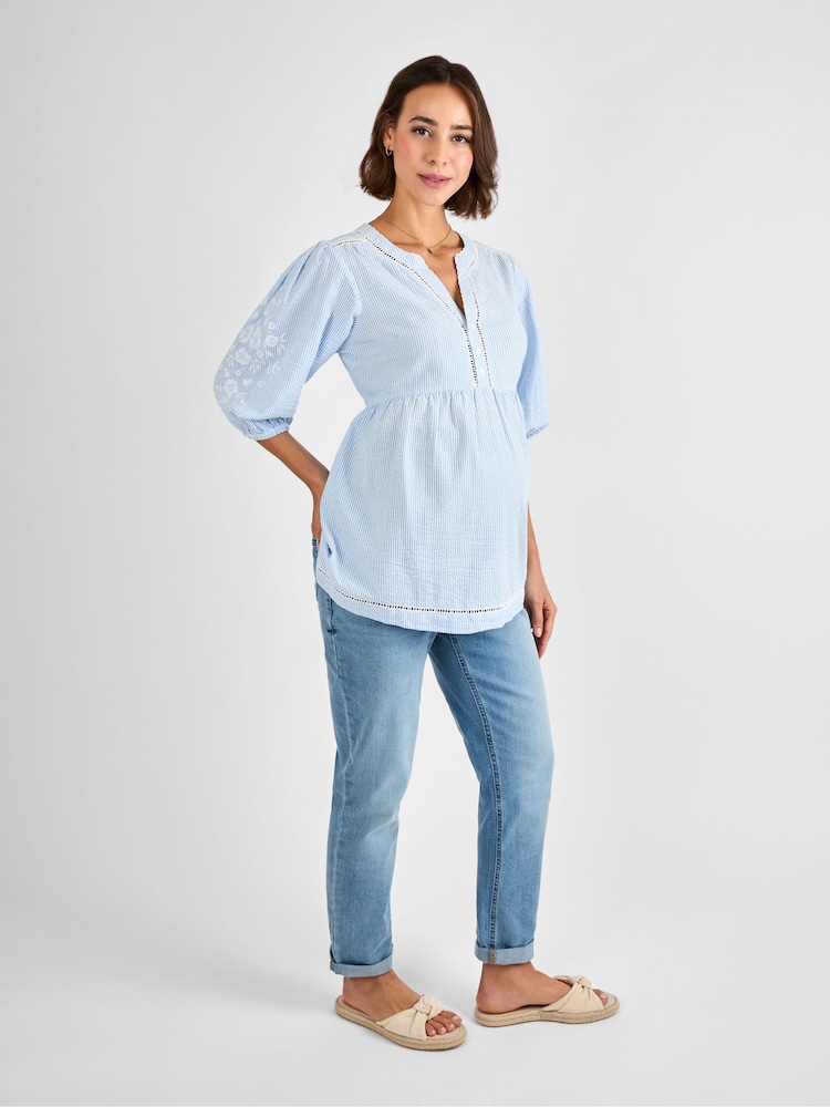 JoJo Maman Bébé Blue Maternity Stripe Embroidered 100% Cotton Blouse - Image 4 of 5