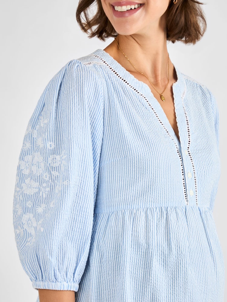 JoJo Maman Bébé Blue Maternity Stripe Embroidered 100% Cotton Blouse - Image 5 of 5