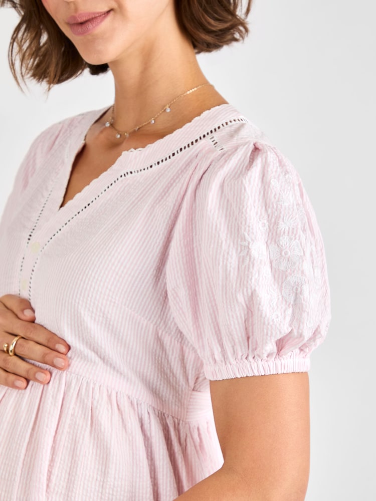 JoJo Maman Bébé Pink Stripe Embroidered Maternity Dress - Image 4 of 4