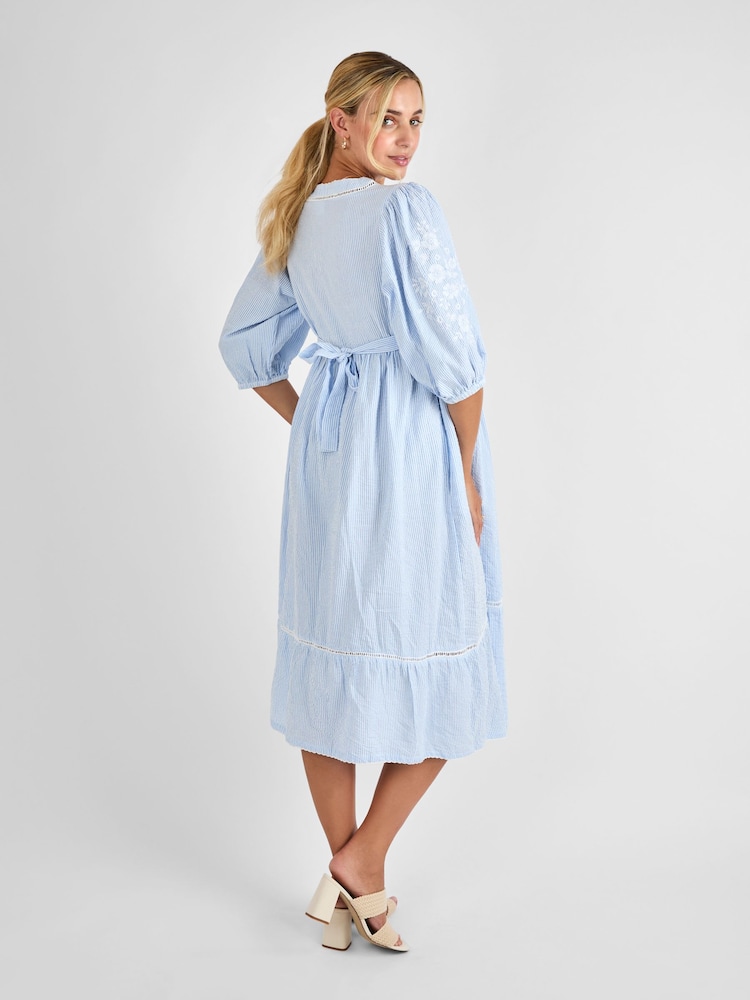 JoJo Maman Bébé Blue Stripe Embroidered Maternity 100% Cotton Dress - Image 2 of 4 JoJo Maman Bébé Blue Stripe Embroidered Maternity 100% Cotton Dress - Image 2 of 4