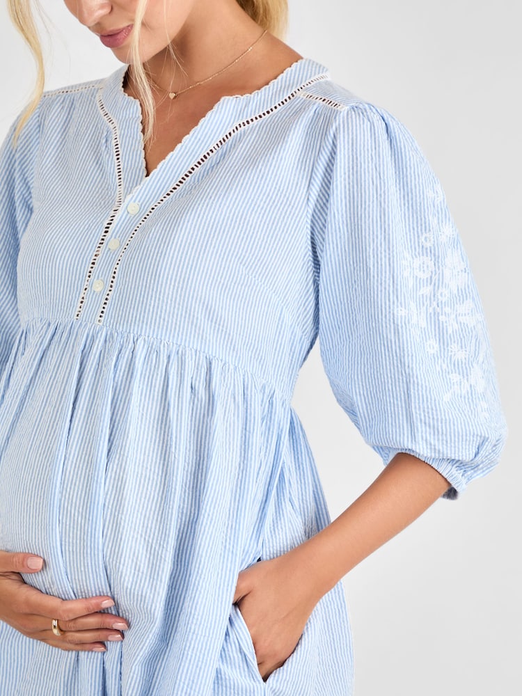 JoJo Maman Bébé Blue Stripe Embroidered Maternity 100% Cotton Dress - Image 4 of 4 JoJo Maman Bébé Blue Stripe Embroidered Maternity 100% Cotton Dress - Image 4 of 4