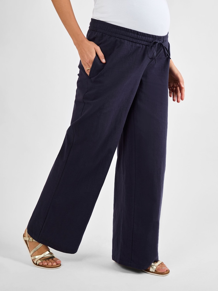 JoJo Maman Bébé Navy Maternity Linen Blend Trousers - Image 1 of 4