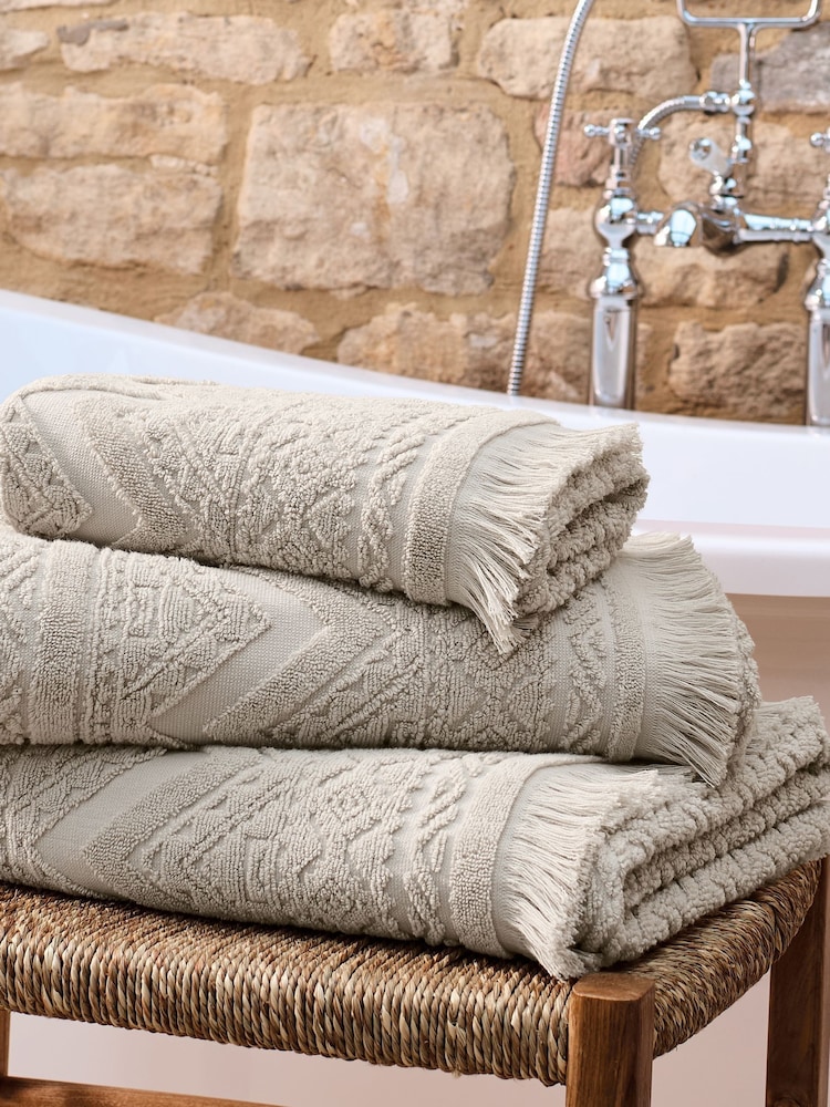 Christy Sand Boho Jacquard Fringed Cotton Towel - Image 1 of 5 Christy Sand Boho Jacquard Fringed Cotton Towel - Image 1 of 5