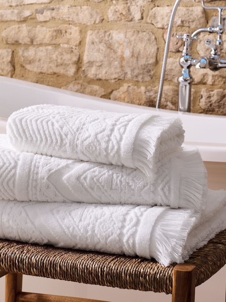 Christy White Boho Jacquard Fringed Cotton Towel - Image 1 of 5 Christy White Boho Jacquard Fringed Cotton Towel - Image 1 of 5