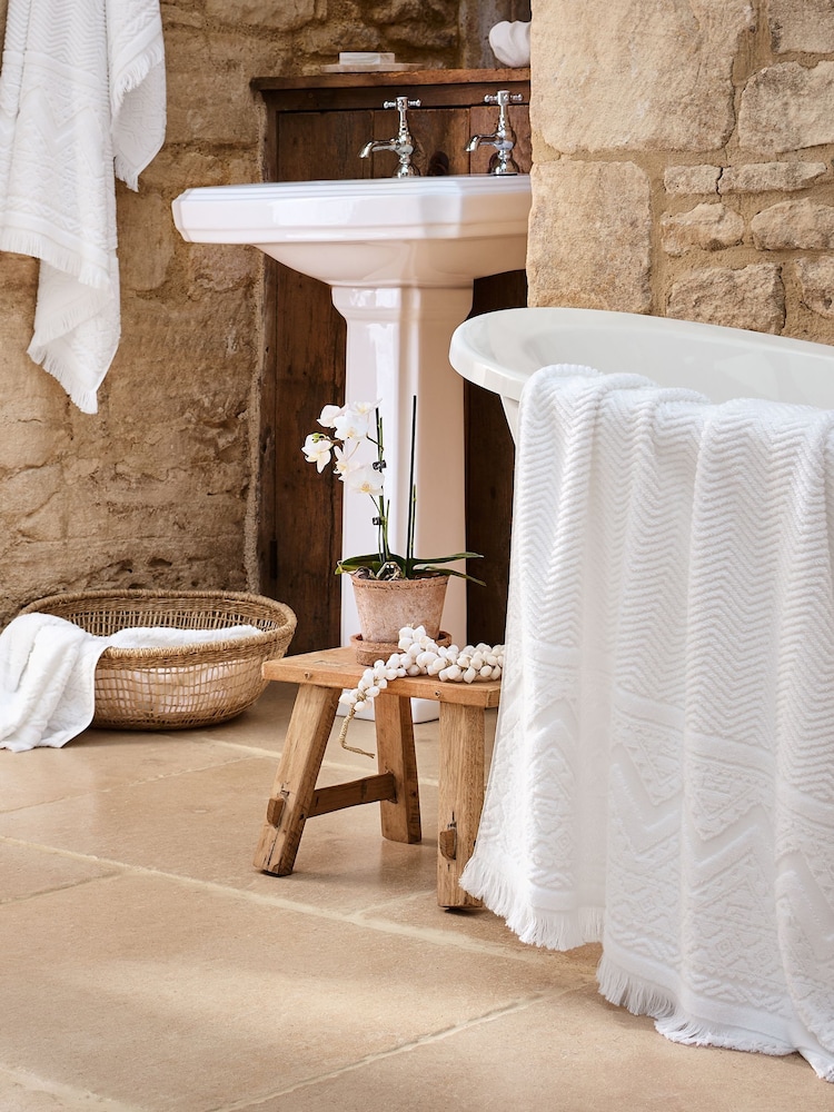 Christy White Boho Jacquard Fringed Cotton Towel - Image 2 of 5 Christy White Boho Jacquard Fringed Cotton Towel - Image 2 of 5