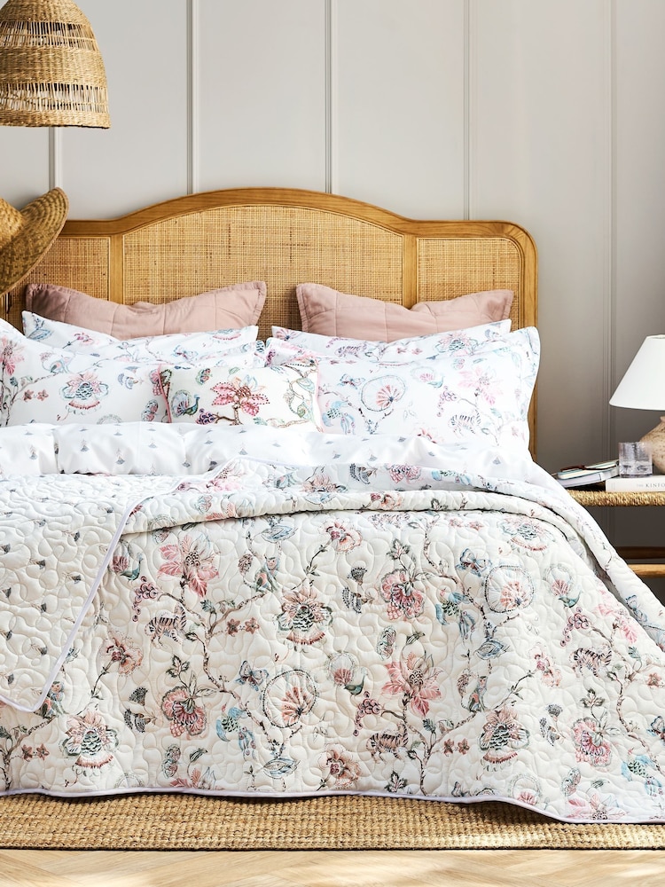Christy Pink Tropical Floral Reversible Cotton Bedspread - Image 1 of 3 Christy Pink Tropical Floral Reversible Cotton Bedspread - Image 1 of 3
