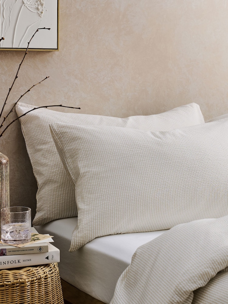 Christy Beige Seersucker Cotton Stripe Standard Pillowcase Pair - Image 1 of 3 Christy Beige Seersucker Cotton Stripe Standard Pillowcase Pair - Image 1 of 3