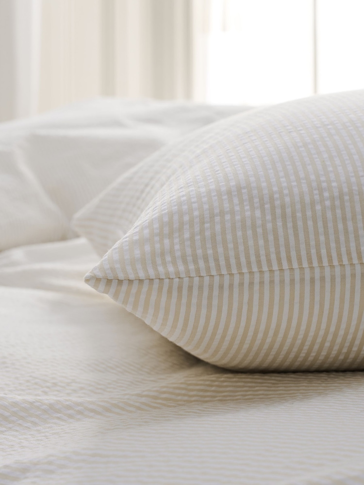 Christy Beige Seersucker Cotton Stripe Standard Pillowcase Pair - Image 3 of 3 Christy Beige Seersucker Cotton Stripe Standard Pillowcase Pair - Image 3 of 3