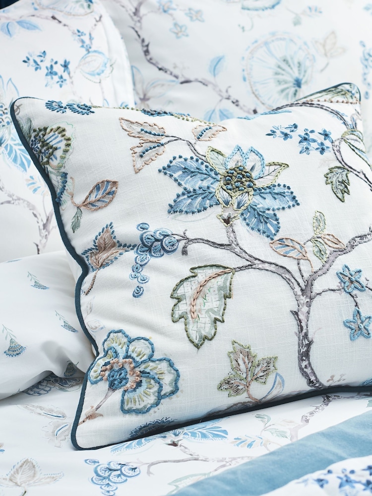 Christy Blue Tropical Floral Embroidered Filled Cushion - Image 1 of 4