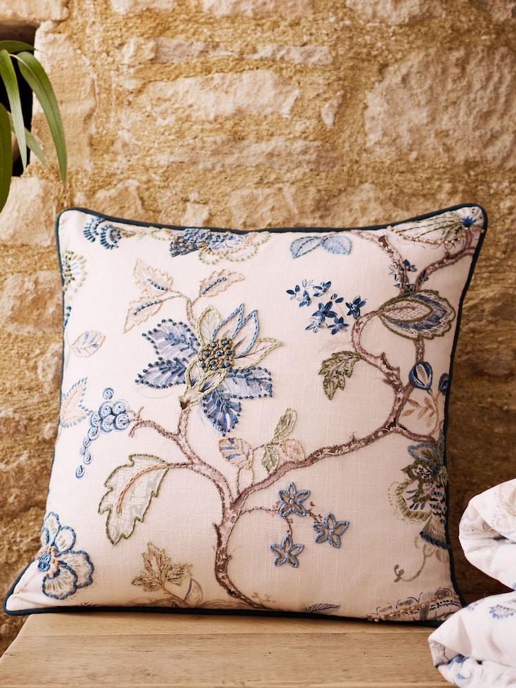 Christy Blue Tropical Floral Embroidered Filled Cushion - Image 2 of 4