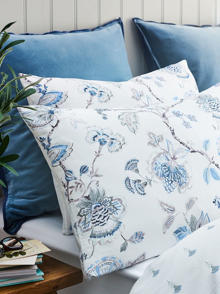 Christy Blue Tropical Floral Cotton Sateen Pillowcase Pair - Image 2 of 3 Christy Blue Tropical Floral Cotton Sateen Pillowcase Pair - Image 2 of 3