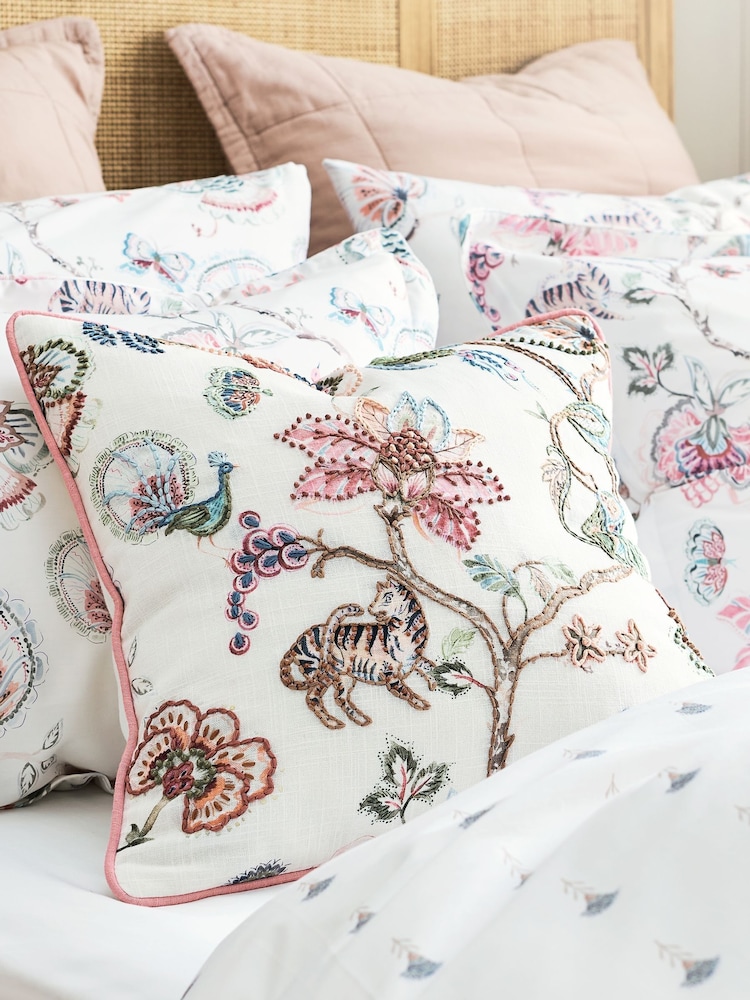 Christy Pink Tropical Floral Embroidered Filled Cushion - Image 1 of 4 Christy Pink Tropical Floral Embroidered Filled Cushion - Image 1 of 4