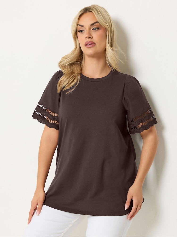 Yours Curve Brown Broderie Anglaise Angel Sleeve T-Shirt - Image 1 of 5 Yours Curve Brown Broderie Anglaise Angel Sleeve T-Shirt - Image 1 of 5