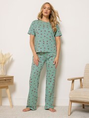 Long Tall Sally Green Cherry Spot Print Short Sleeve Wide Leg Pyjamas Set - Image 1 of 5