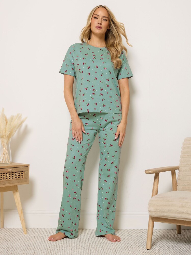 Long Tall Sally Green Cherry Spot Print Short Sleeve Wide Leg Pyjamas Set - Image 1 of 5