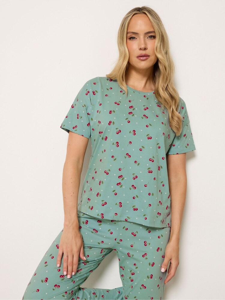 Long Tall Sally Green Cherry Spot Print Short Sleeve Wide Leg Pyjamas Set - Image 2 of 5