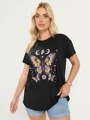 Yours Curve Black Placement Print T-Shirt - Image 1 of 5