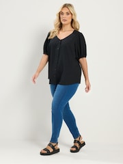 Yours Curve Black Textured Short Sleeve Button Through Blouse - Image 2 of 5