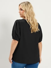 Yours Curve Black Textured Short Sleeve Button Through Blouse - Image 3 of 5