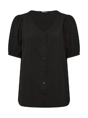 Yours Curve Black Textured Short Sleeve Button Through Blouse - Image 5 of 5