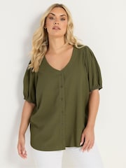 Yours Curve Green Textured Short Sleeve Button Through Blouse - Image 1 of 5
