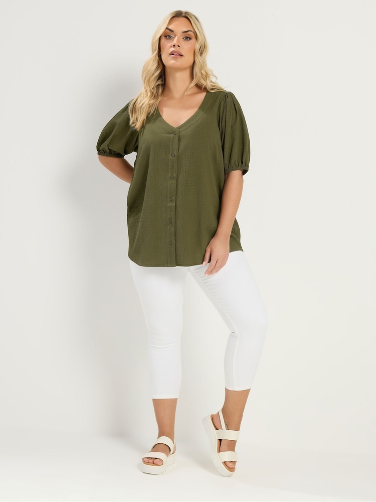 Yours Curve Green Textured Short Sleeve Button Through Blouse - Image 2 of 5 Yours Curve Green Textured Short Sleeve Button Through Blouse - Image 2 of 5