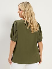 Yours Curve Green Textured Short Sleeve Button Through Blouse - Image 3 of 5