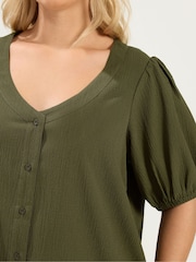 Yours Curve Green Textured Short Sleeve Button Through Blouse - Image 4 of 5