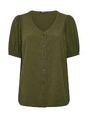 Yours Curve Green Textured Short Sleeve Button Through Blouse - Image 5 of 5
