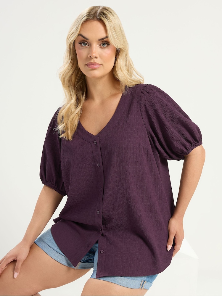 Yours Curve Purple Textured Short Sleeve Button Through Blouse - Image 1 of 6 Yours Curve Purple Textured Short Sleeve Button Through Blouse - Image 1 of 6