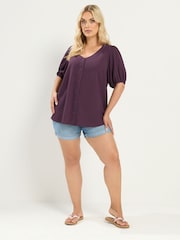 Yours Curve Purple Textured Short Sleeve Button Through Blouse - Image 2 of 6