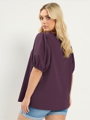 Yours Curve Purple Textured Short Sleeve Button Through Blouse - Image 3 of 6