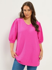 Yours Curve Pink Textured Balloon Sleeve Top - Image 1 of 5