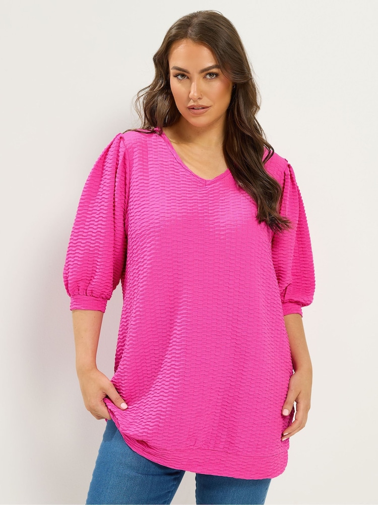 Yours Curve Pink Textured Balloon Sleeve Top - Image 1 of 5 Yours Curve Pink Textured Balloon Sleeve Top - Image 1 of 5