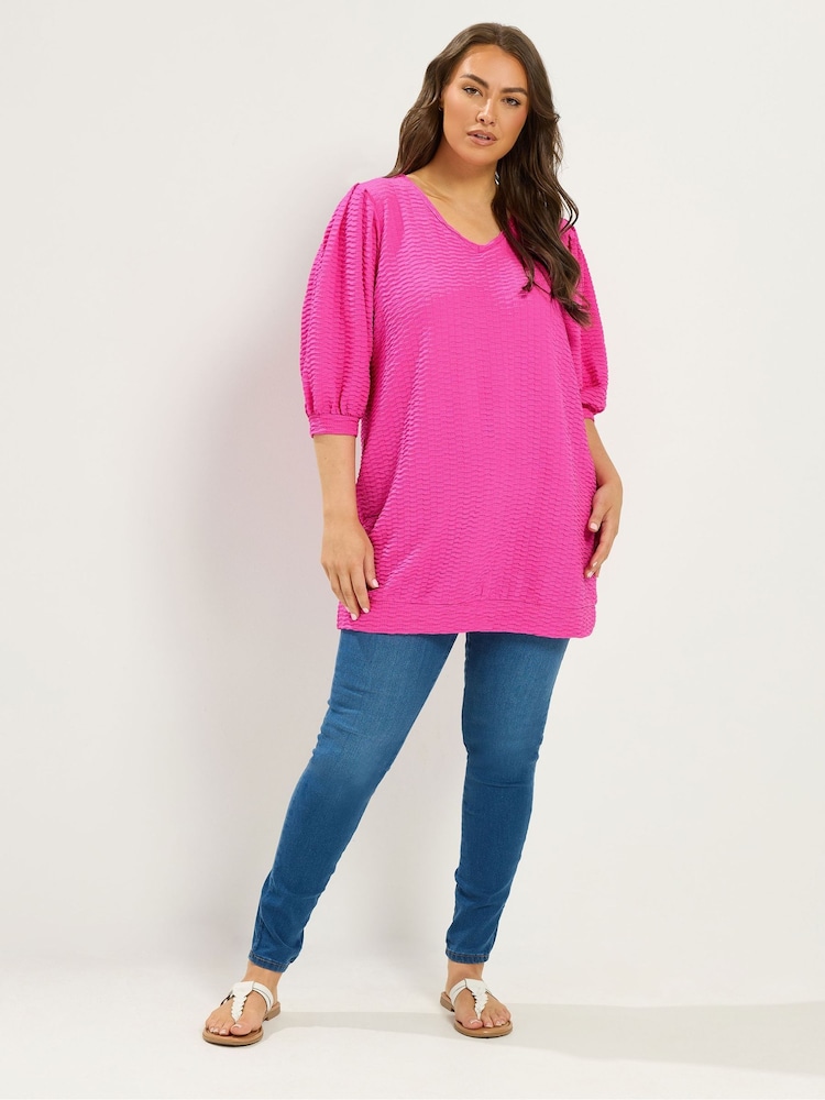 Yours Curve Pink Textured Balloon Sleeve Top - Image 2 of 5 Yours Curve Pink Textured Balloon Sleeve Top - Image 2 of 5
