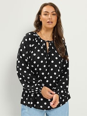 Yours Curve Black 3/4 Sleeve Tie Neck Blouse - Image 1 of 5
