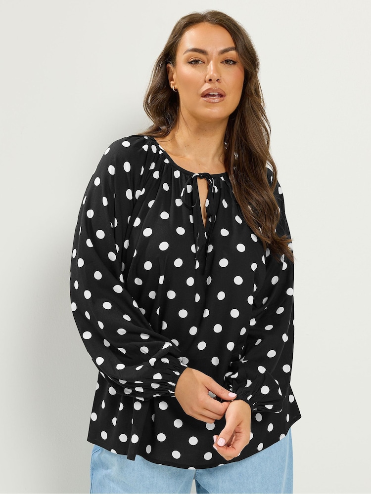 Yours Curve Black 3/4 Sleeve Tie Neck Blouse - Image 1 of 5