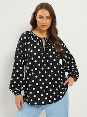 Yours Curve Black 3/4 Sleeve Tie Neck Blouse - Image 2 of 5