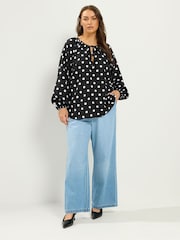Yours Curve Black 3/4 Sleeve Tie Neck Blouse - Image 3 of 5