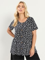 Yours Curve Black Ditsy Floral Ribbed T-Shirt - Image 1 of 4