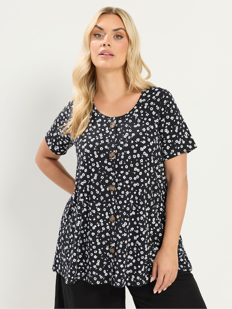 Yours Curve Black Ditsy Floral Ribbed T-Shirt - Image 1 of 4 Yours Curve Black Ditsy Floral Ribbed T-Shirt - Image 1 of 4