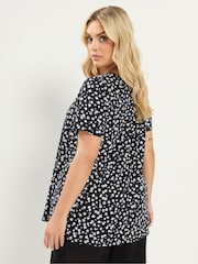 Yours Curve Black Ditsy Floral Ribbed T-Shirt - Image 3 of 4
