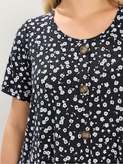 Yours Curve Black Ditsy Floral Ribbed T-Shirt - Image 4 of 4